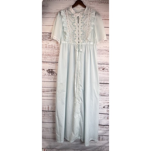 Vintage Cottagecore Dress M Nightgown Robe Embroidered Eyelet Lace Ruffle Ribbon - Picture 10 of 12